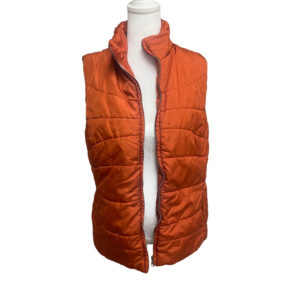 Boho Puffer Vest Women Sz L Orange Quilted Sleeveless Funky Print Gorpcore Fall